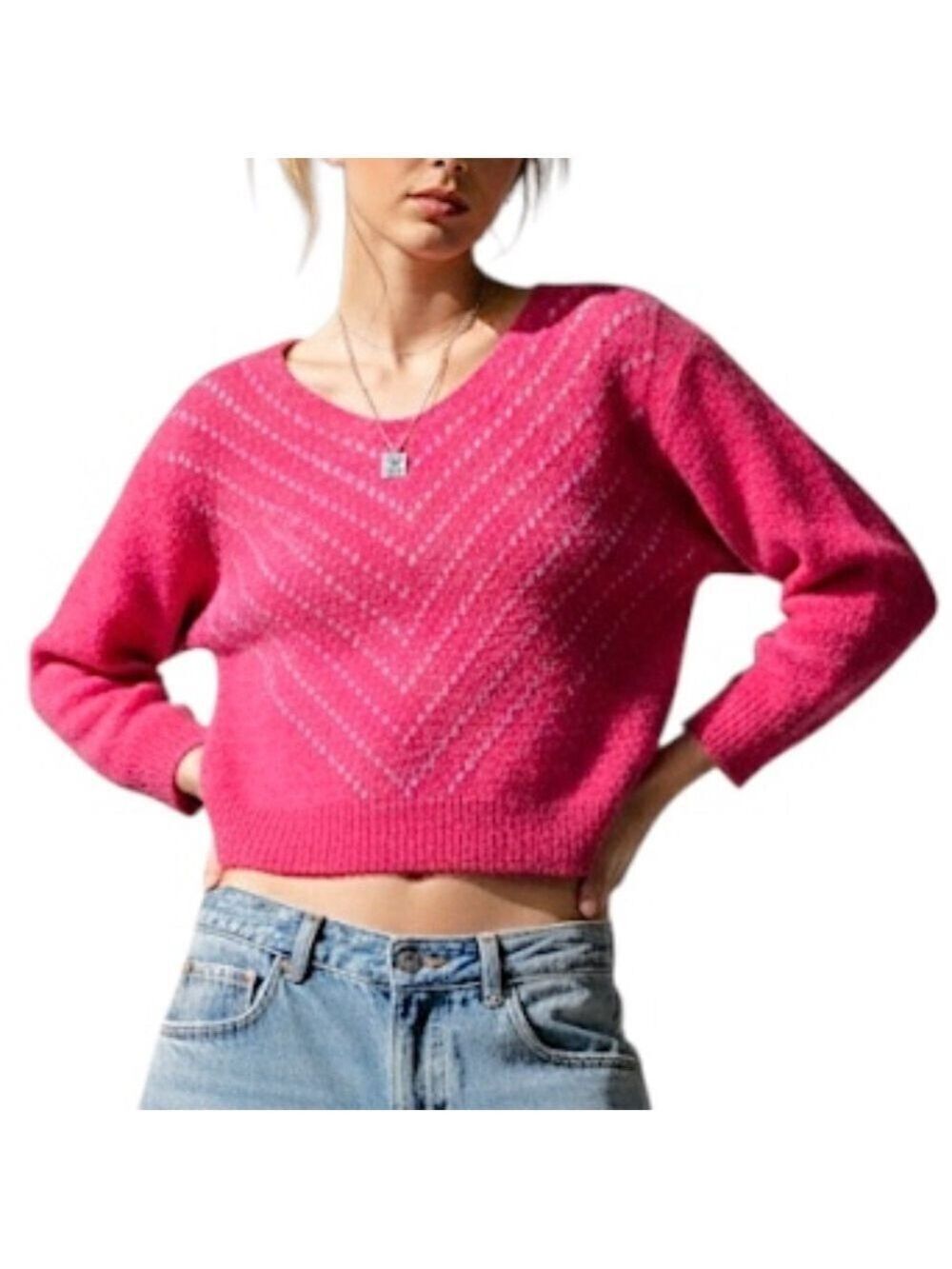 Vintage 70s 80s hot pink v neck cropped chevron bracelet sleeve sweater